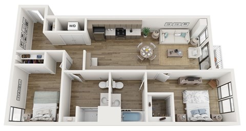 Floor plan for 2 beds, 2 baths, 1011 sqft